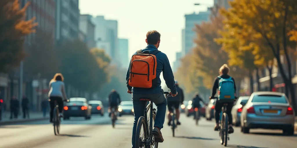 a man riding a bike with a backpack on his back in the street with other people on bicycles and cars