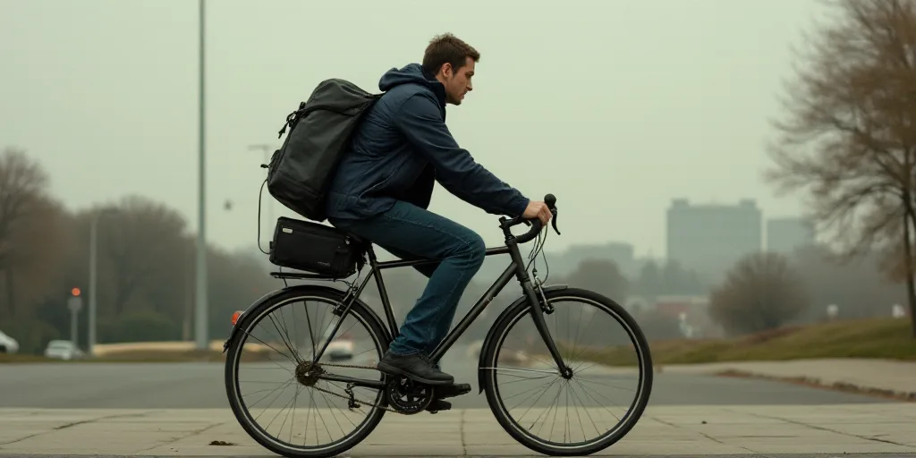 a man riding a bike with a cell phone and a bag on the back of it and a calculator, Ed Benedict, tec