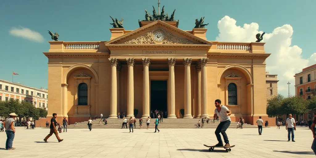 a man riding a skateboard in front of a building with a clock on it's face and people standing aroun