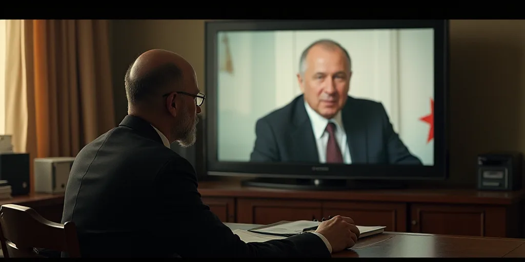 a man sitting at a desk in front of a tv with a picture of a man on it on the screen, Boris Vladimir