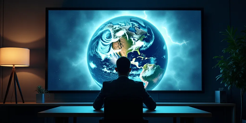 a man sitting at a desk in front of a large screen with a picture of the earth on it, Dave Arredondo