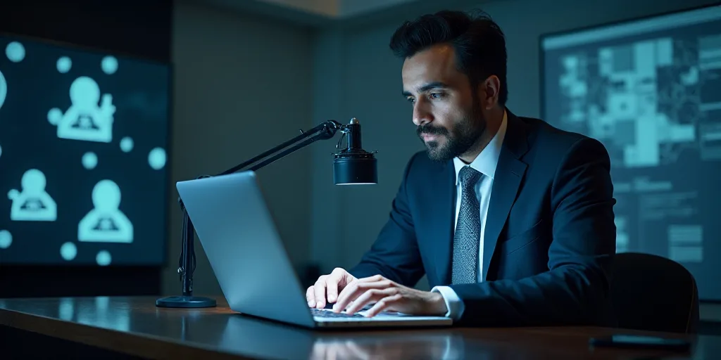 a man sitting at a desk with a laptop computer in front of him and a microphone in the background, A