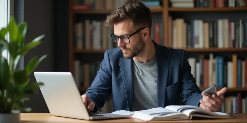 a man sitting at a desk with a laptop and cell phone in his hand and a stack of books behind him, Ce