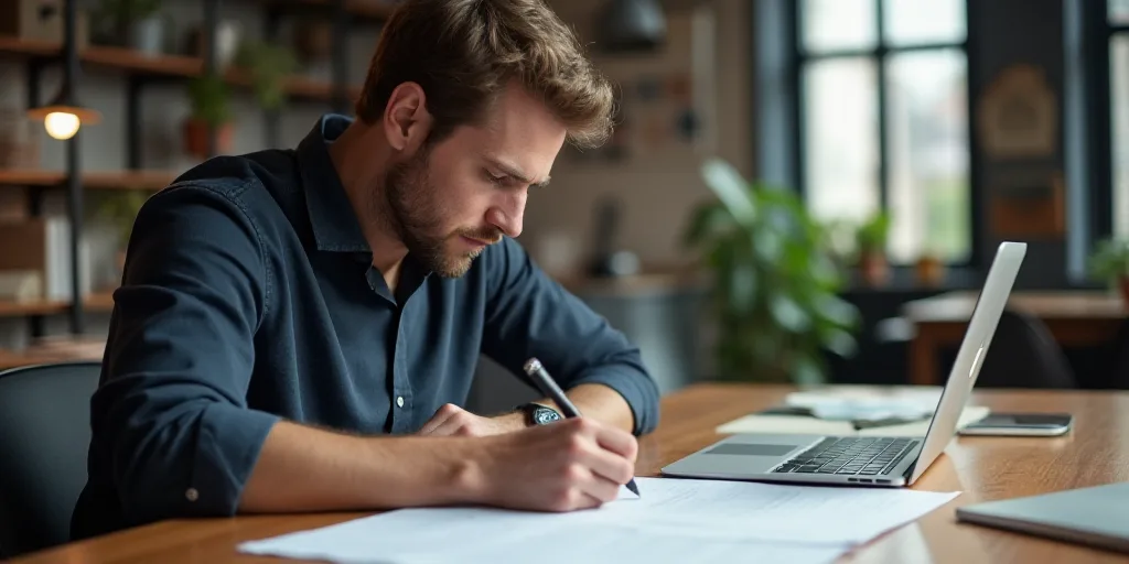 a man sitting at a desk with a laptop and a paper in front of him, writing on a piece of paper, Art