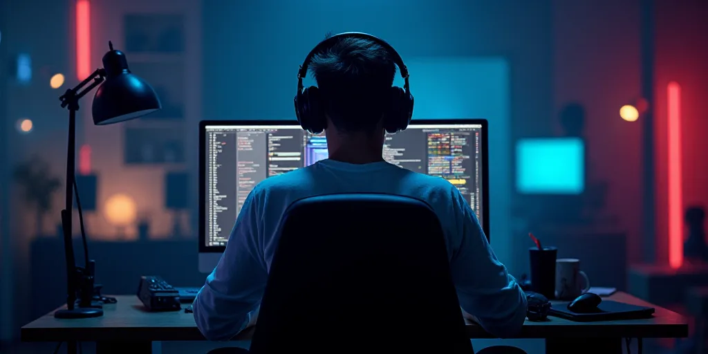 a man sitting at a desk with a computer monitor and headphones on his ears, looking at the screen, E