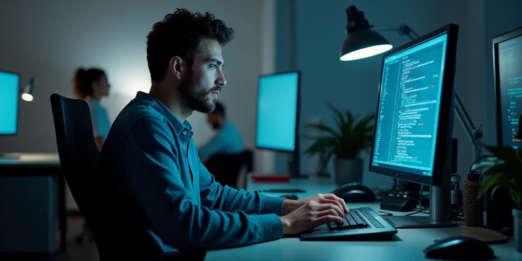 a man sitting at a desk with a computer monitor and keyboard in front of him and a woman in the back