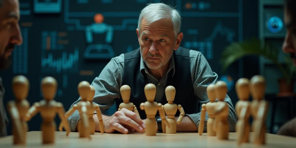 a man sitting at a table with a group of wooden people in front of him with a digital interface abov