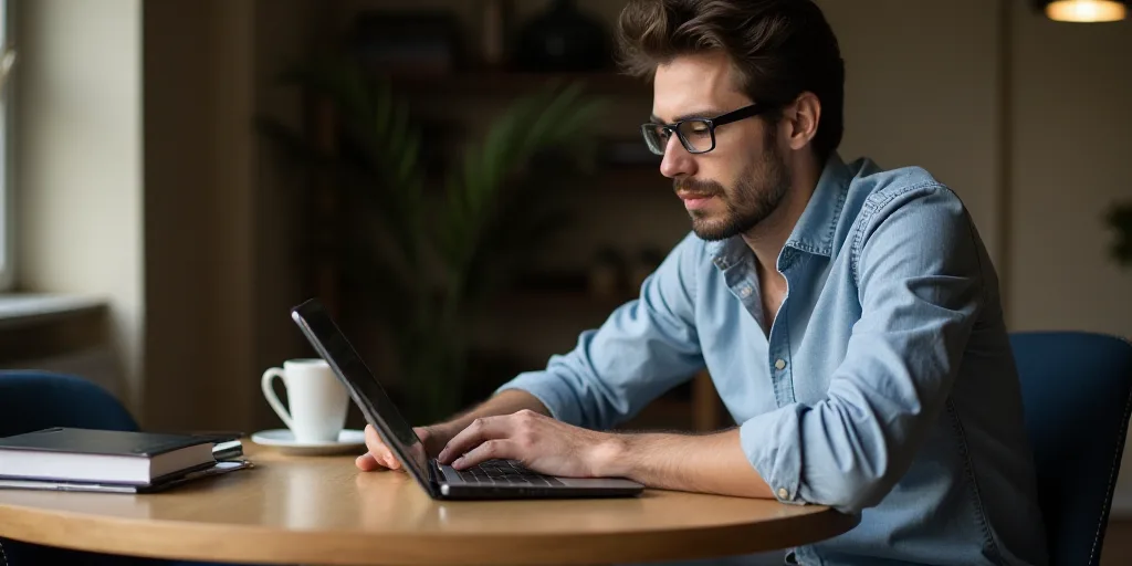 a man sitting at a table with a tablet and a cup of coffee in front of him and a book, Avgust Černi