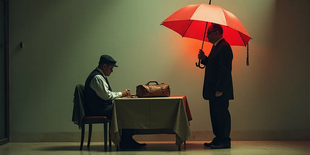 a man sitting at a table with a bag on it and a man standing next to him with a red umbrella, Estuar