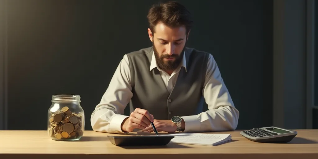 a man sitting at a table with a jar of coins and a calculator and a calculator, Évariste Vital Lumi