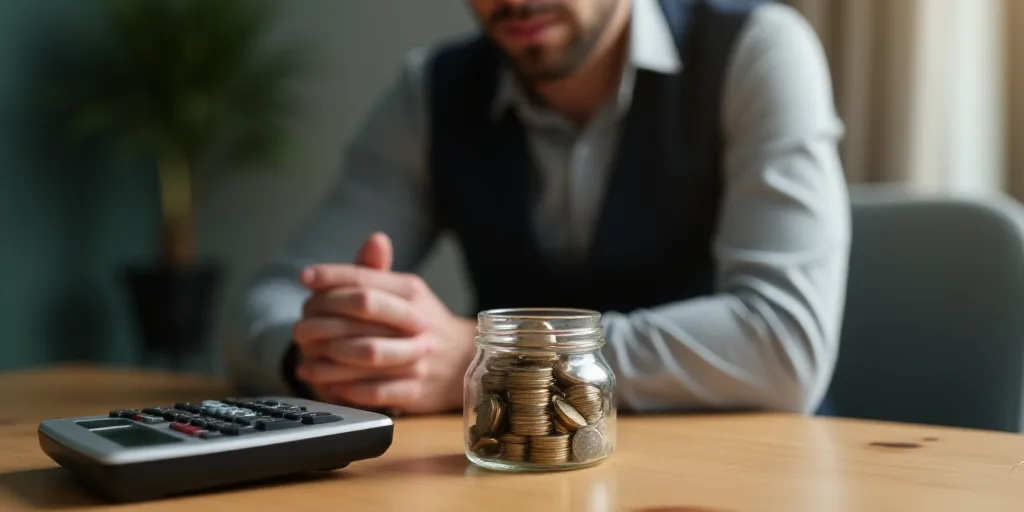 a man sitting at a table with a jar of coins and a calculator and a calculator, Évariste Vital Lumi