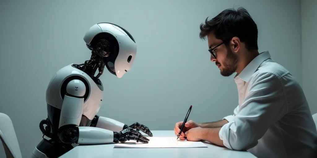 a man sitting at a table with a robot standing over him and looking at a piece of paper in front of