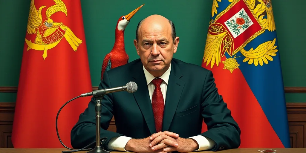 a man sitting at a table with a microphone in front of him and two flags behind him and a bird of pa