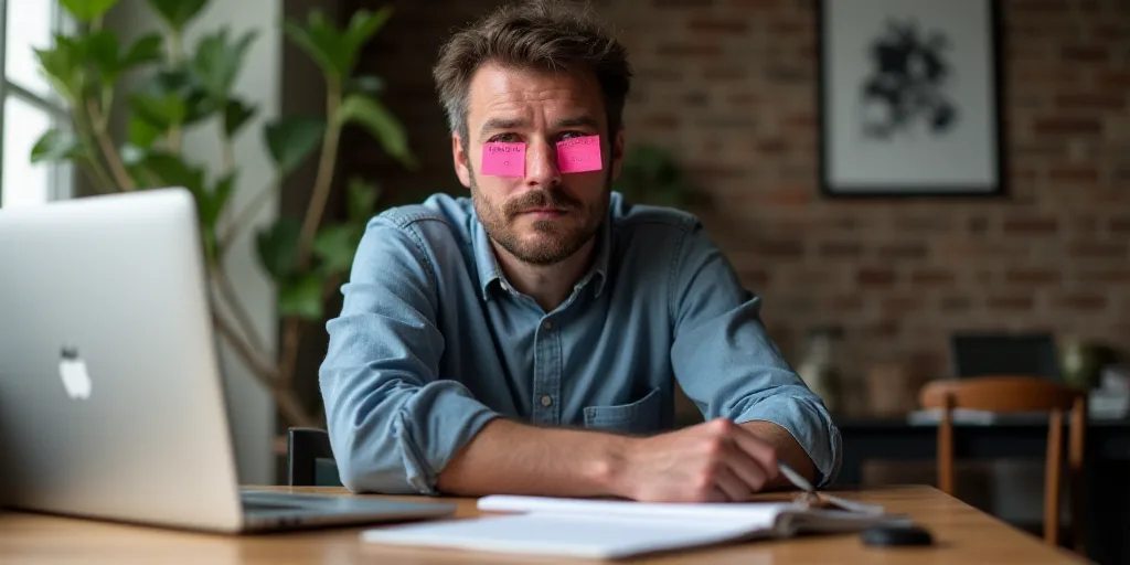 a man sitting at a table with a pink sticky note on his face and a laptop on the table, Évariste Vi