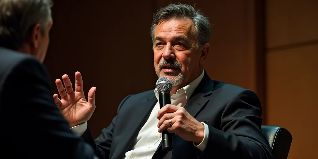 a man sitting down while holding a microphone in his hand and gesturing to someone else in front of