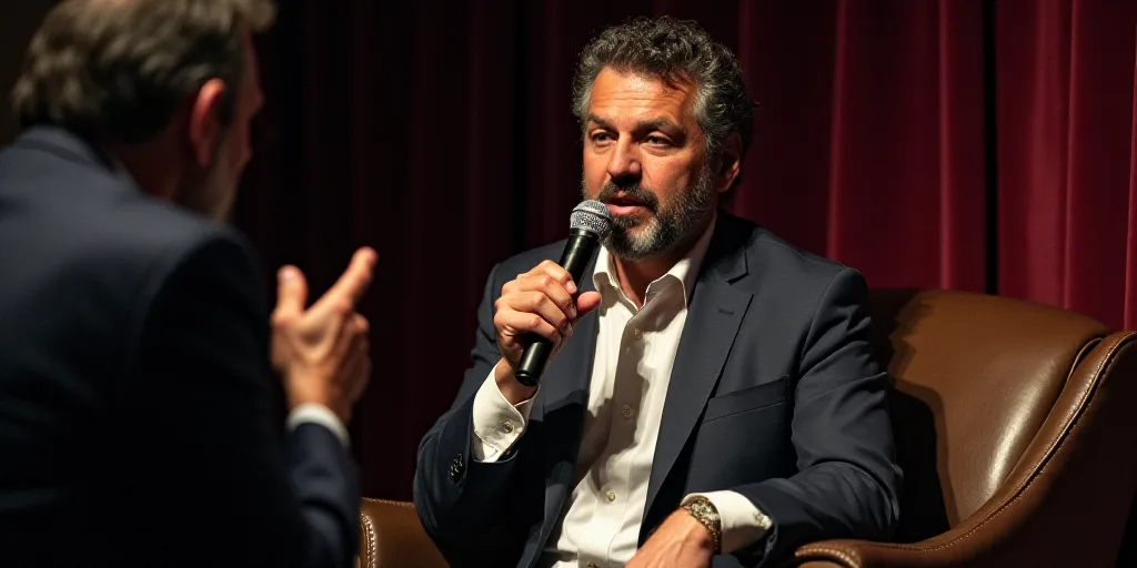 a man sitting down while holding a microphone in his hand and gesturing to someone else in front of