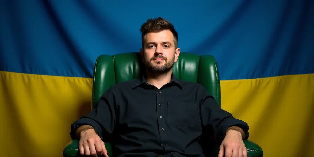 a man sitting in a green chair in front of a flag of ukraine and a chair with a green leather back,