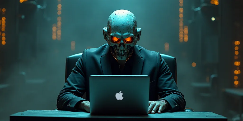 a man sitting in front of a laptop computer with a skull on it's face and a robot behind him, Cedric