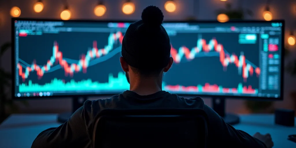 a man sitting in front of two computer monitors with a stock chart on the screen and a beanie on his