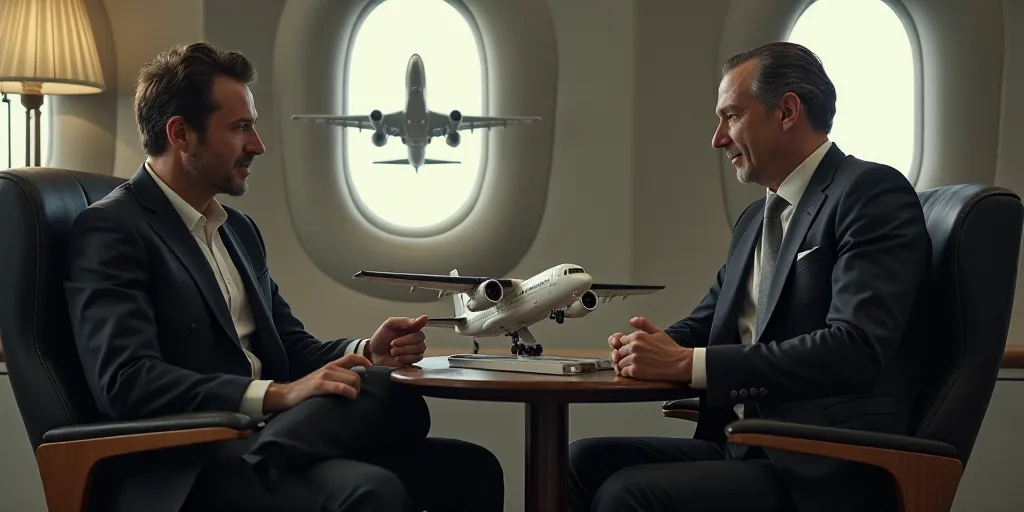 a man sitting next to a model of a plane and another man in a suit and tie sitting down, Felix-Kelly
