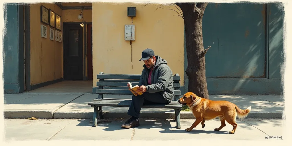 a man sitting on a bench while holding a book in his hands and a dog walking by him on the sidewalk,
