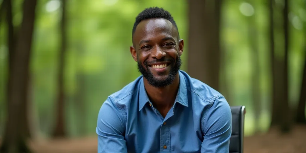 a man sitting on a chair in front of a tree filled forest with a smile on his face and a blue shirt,