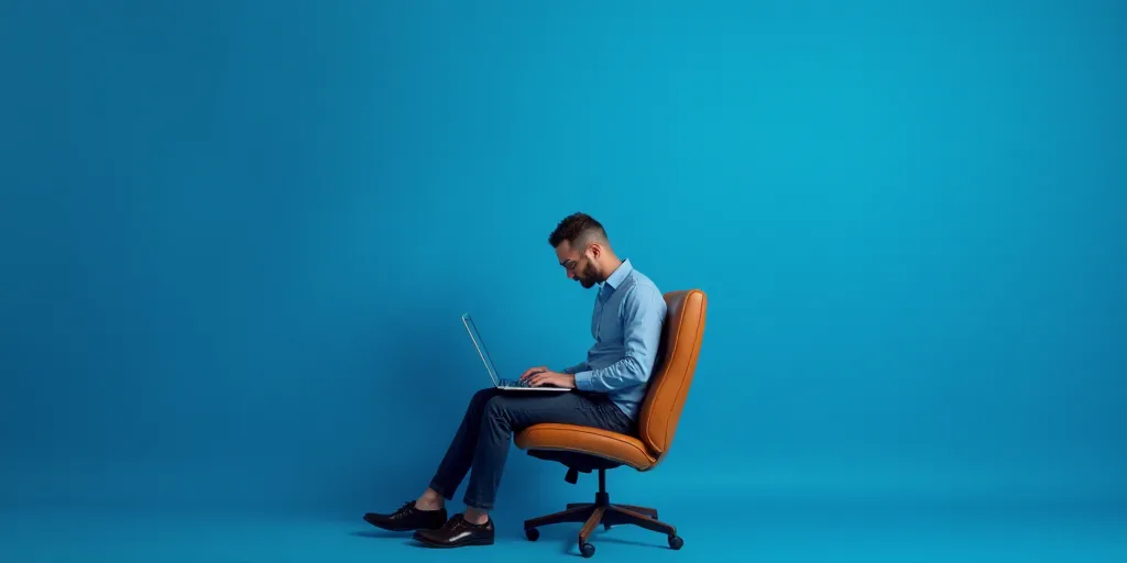 a man sitting on a chair with a laptop in his lap looking down at his feet and head, with a blue bac
