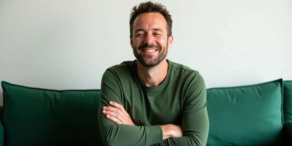 a man sitting on a couch with his arms crossed and his eyes closed, smiling at the camera, with a wh