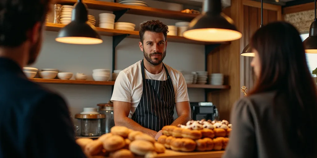 a man standing at a counter in a bakery with people standing around him and a woman standing behind
