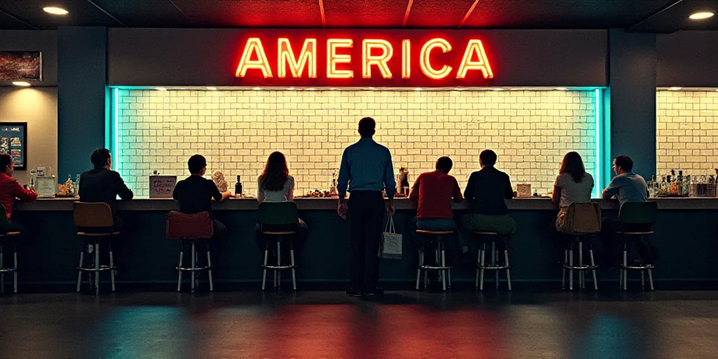 a man standing at a counter in front of a sign that says america movie and people are sitting at the