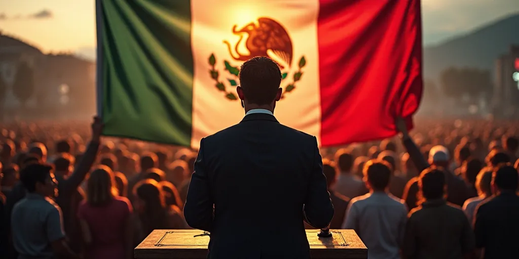 a man standing at a podium in front of a crowd of people in front of a red banner with a mexican fla