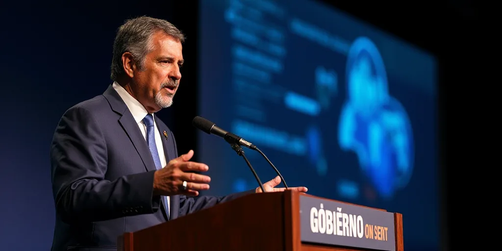 a man standing at a podium with a microphone in front of him and a sign behind him that says gobiern