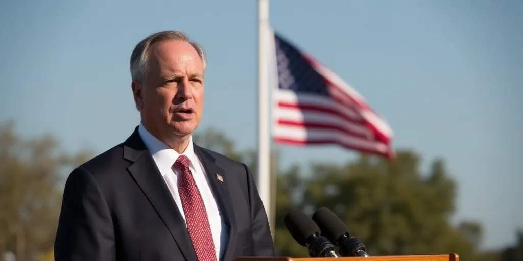 a man standing at a podium with a microphone in front of a flag and a flag pole in the background, B