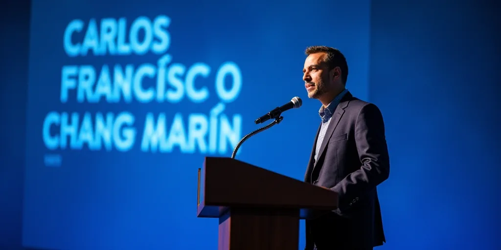 a man standing at a podium with a microphone in front of him and a blue background behind him with a