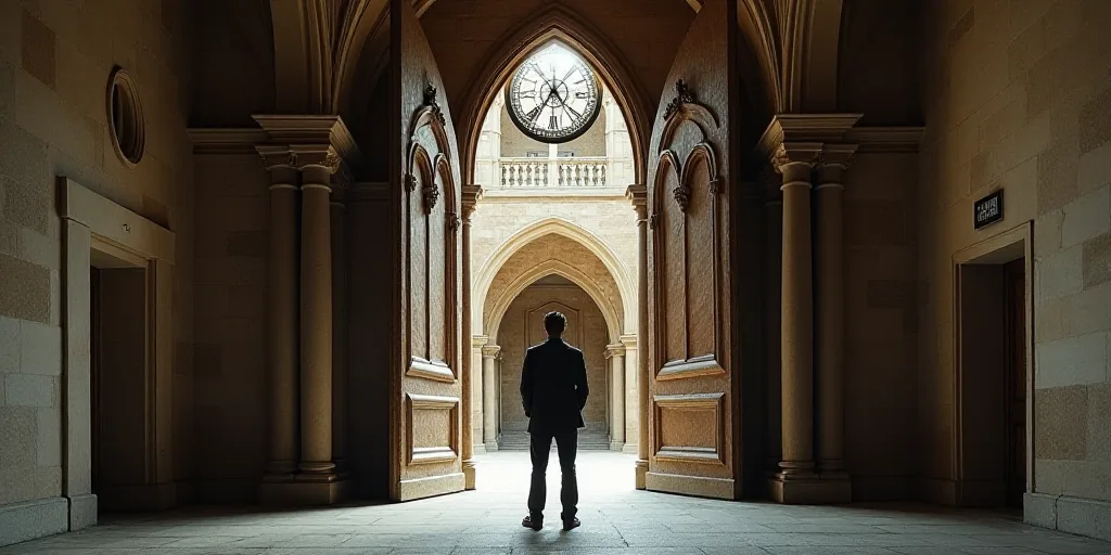 a man standing in a doorway of a building with a clock on the wall and a clock on the door, David Ch