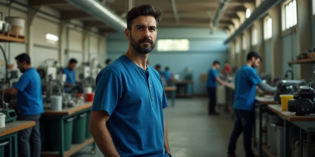 a man standing in a factory with other people working on machines and equipment on the wall behind h