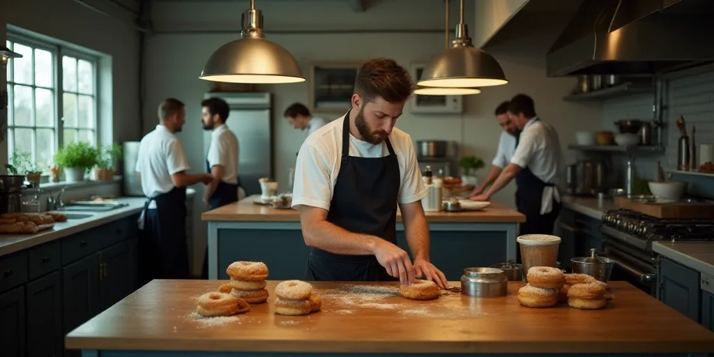 a man standing in a kitchen preparing food on a table with other men around him and a counter with d