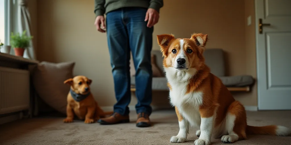 a man standing in a room with a stuffed animal on the floor next to him and a dog toy in the backgro