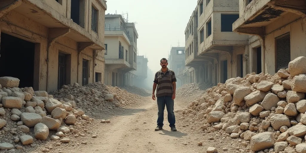 a man standing in a rubble filled street next to a building with a lot of rubble on it's sides, Bouc