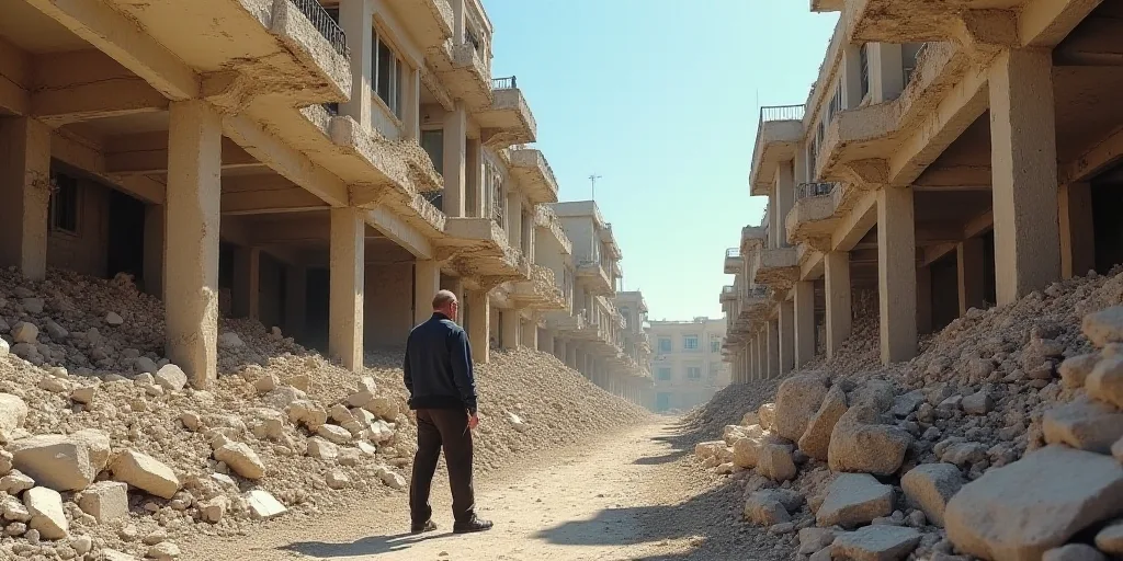 a man standing in a rubble filled street next to a building with a lot of rubble on it's sides, Bouc