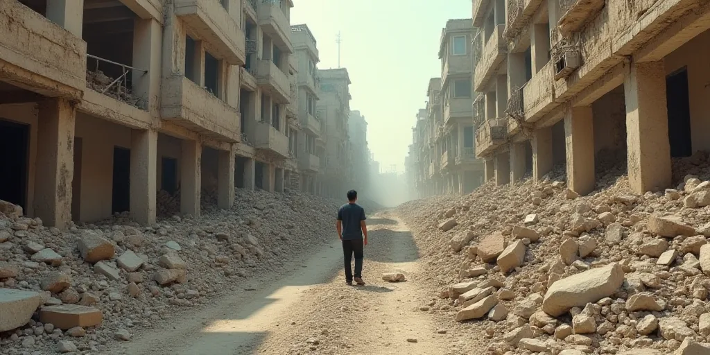 a man standing in a rubble filled street next to a building with a lot of rubble on it's sides, Bouc