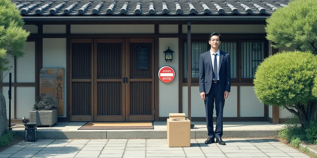 a man standing in front of a building with a box on the ground next to a sign that says don't enter,