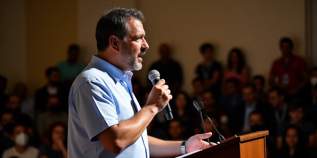 a man standing in front of a crowd of people holding a microphone in his hand and speaking into a mi