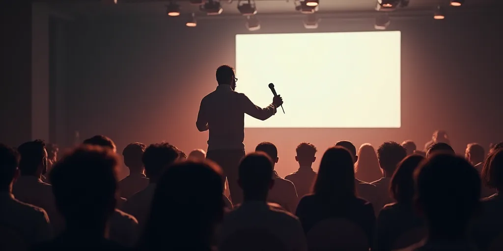 a man standing in front of a crowd of people holding a microphone in his hand and a presentation scr