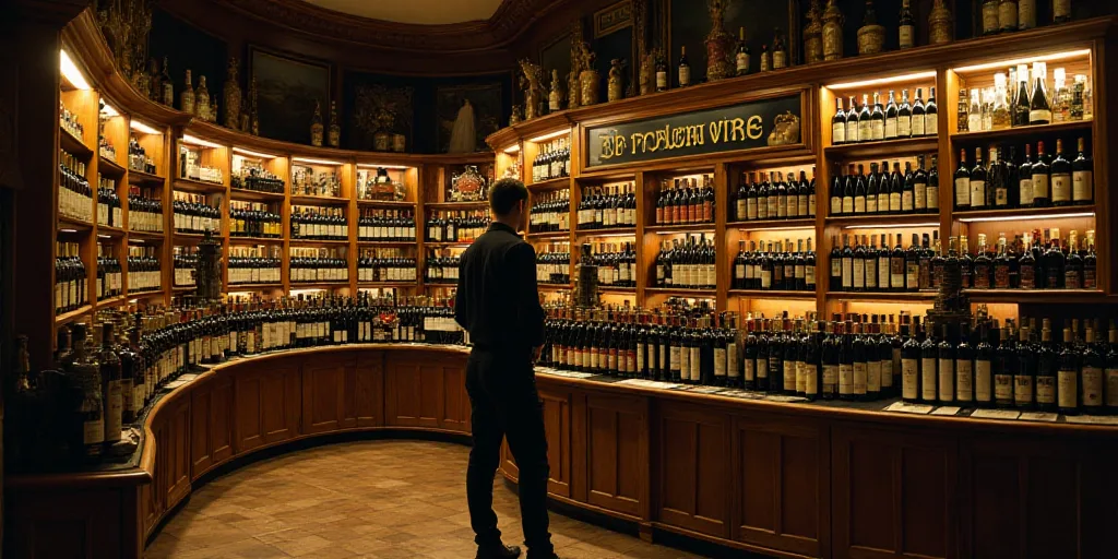 a man standing in front of a display of wine bottles in a store filled with bottles of wine and a si
