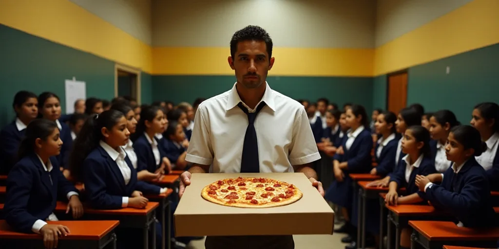 a man standing in front of a group of girls in school uniforms and holding a box of pizza boxes, Car
