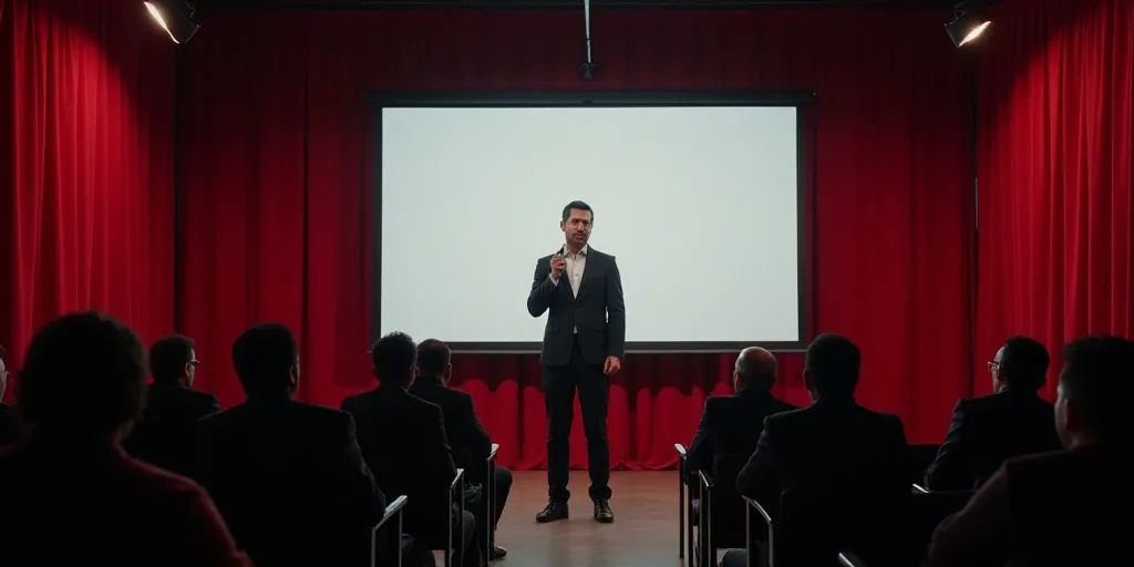 a man standing in front of a large screen giving a speech to people in a room with red curtains, Fed