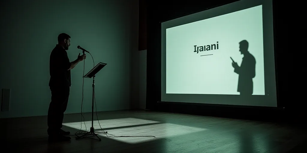 a man standing in front of a microphone on a stage with a projection screen behind him and a sign th