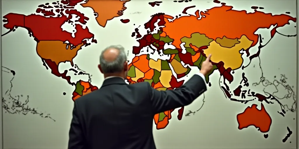a man standing in front of a map of the world pointing to it with his finger to the side, Amédée O