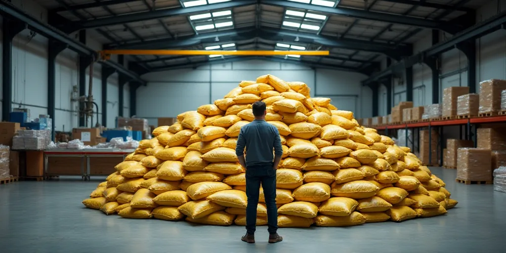 a man standing in front of a pile of bags of food in a warehouse area with a conveyor belt, Ceferí
